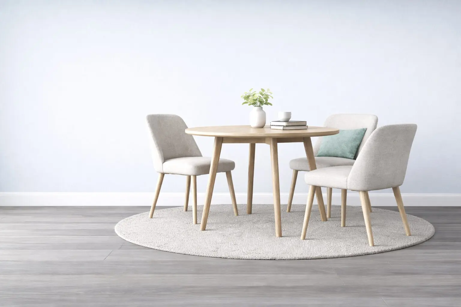 Modern dining table set with two chairs on a round rug.