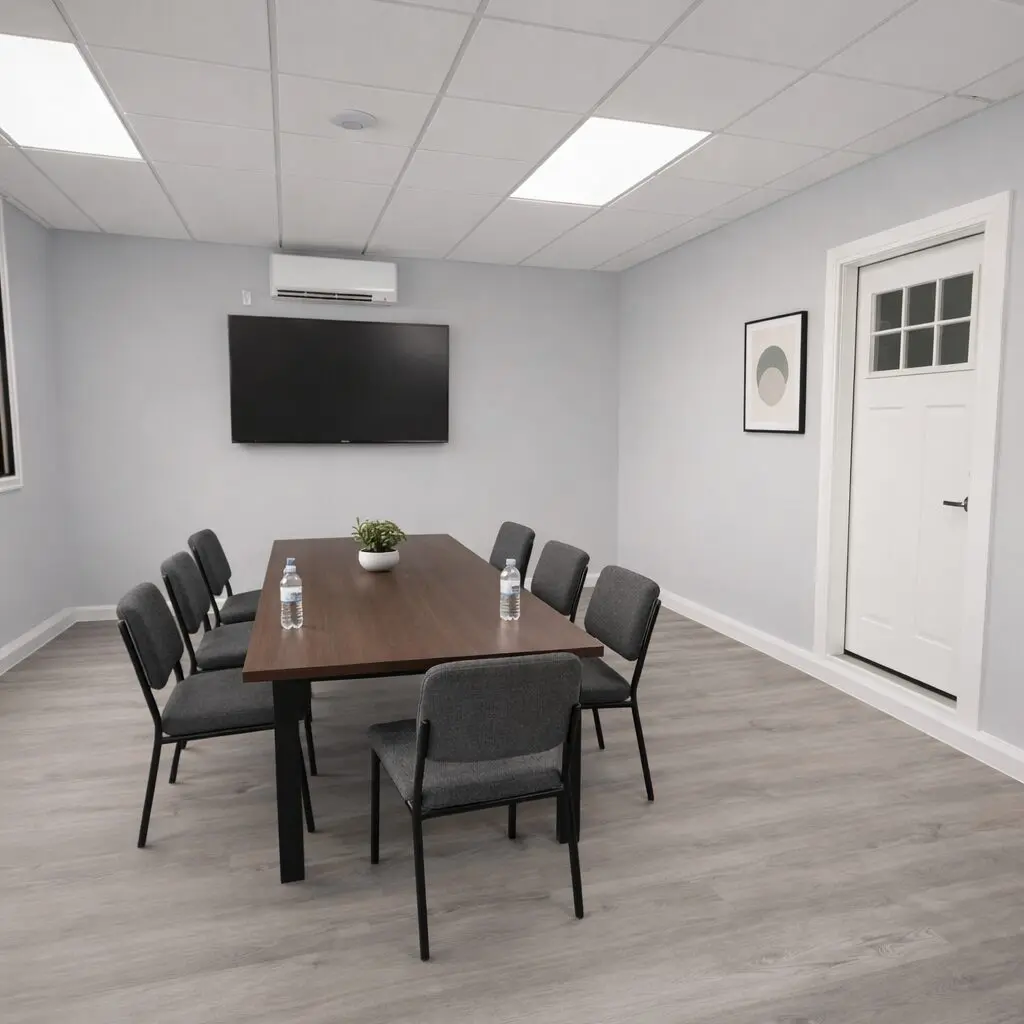 Minimalist conference room with a rectangular table and eight chairs.