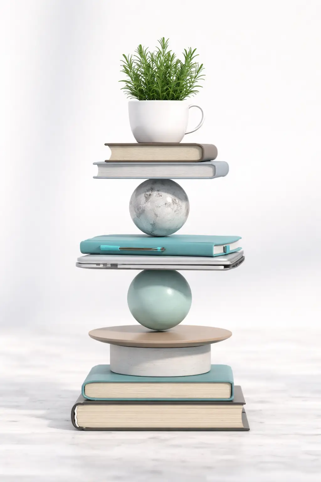 Stacked books and decorative spheres with a potted plant on top.