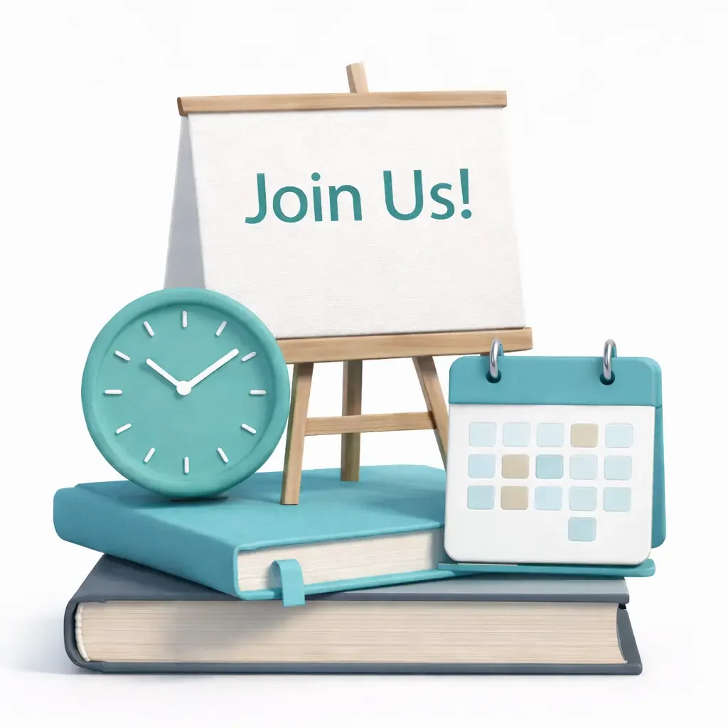 Books, clock, calendar, and easel with 'Join Us!' sign.