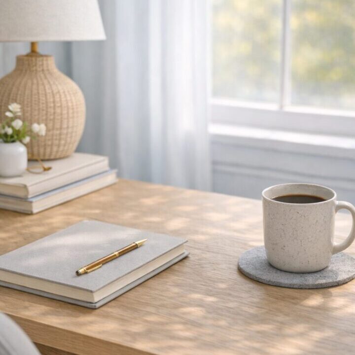Cozy workspace with notebook, pen, coffee, and soft natural light.