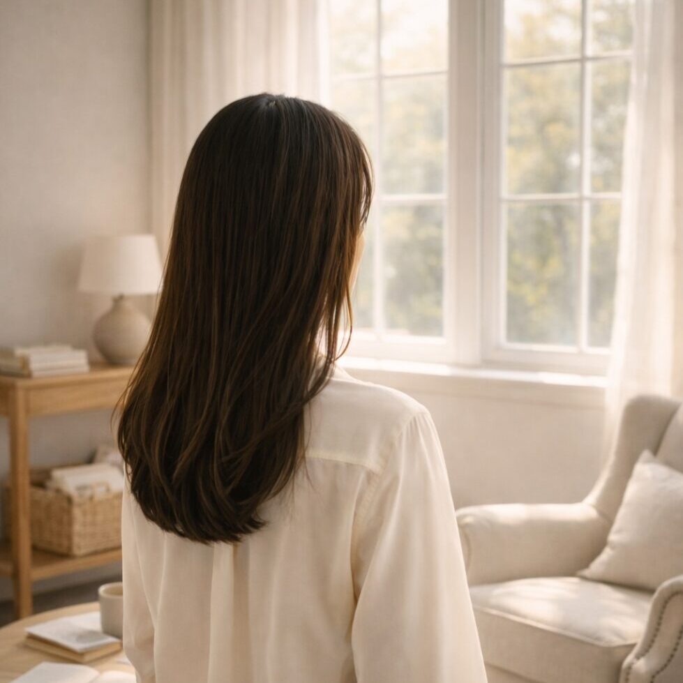 Minimalist Woman Looking Out Window_AI
